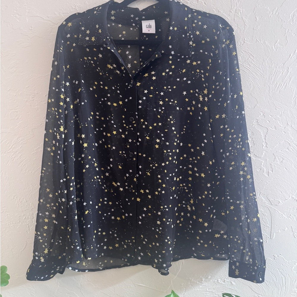Cabi sheer star print black button down shirt